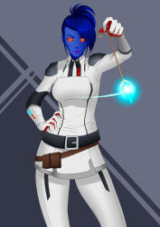 absurdres alien alien_girl blue_hair blue_skin bodysuit canoma_(thefinnette) crystal empty_eyes expressionless female_only femdom glowing glowing_eyes hand_on_hip looking_at_viewer oo_sebastian_oo pendulum ponytail pov pov_sub red_eyes short_hair skirt solo star_wars