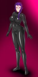  blue_hair bluebullpen bodysuit breasts cameltoe female_only glowing glowing_eyes large_breasts latex long_hair looking_at_viewer microchip original purple_hair red_eyes riley_weiss_(riley) robotization smile solo standing standing_at_attention tech_control 
