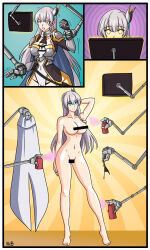  absurdres alerith allucia_citrus armor arms_above_head bare_legs bare_shoulders barefoot blue_eyes breasts censored cleavage clothed comic empty_eyes eye_color_change feet from_old_country_bumpkin_to_master_swordsman gauntlets grey_hair happy_trance hypnotic_screen large_breasts legs mannequin nude posing restrained thighs tiptoes trembling very_long_hair yellow_eyes 