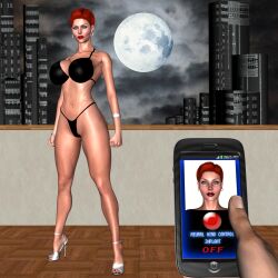  3d animated animated_gif blush breasts cleavage collarbone earrings expressionless female_only femsub high_heels huge_breasts hypnoman jewelry lingerie open_mouth original phone pov pov_dom red_hair red_lipstick short_hair solo standing standing_at_attention talia_danvers tech_control text thick_thighs thong underwear white_eyes 