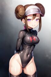  ai_art alternate_costume arms_behind_back bow brown_hair cameltoe empty_eyes erect_nipples erect_nipples_under_clothes female_only femsub hair_buns happy_trance hat leotard looking_at_viewer nintendo pink_eyes pokemon pokemon_black_and_white_2 rosa_(pokemon) rubber seiha_(generator) smile solo stable_diffusion_(ai) standing team_rocket thick_thighs thigh_boots thighhighs twintails 