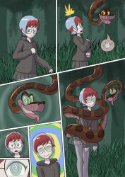  blue_hair coils comic disney femsub forked_tongue glasses happy_trance hypnotic_eyes imminent_vore jungle kaa kaa_eyes maledom multicolored_hair mythkaz nintendo open_mouth penny_(pokemon) pokemon pokemon_scarlet_and_violet red_hair skirt smile snake spiral_eyes standing symbol_in_eyes the_jungle_book 