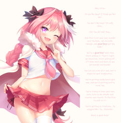 androgynous astolfo_(fate/grand_order) blush bow cloak fate/grand_order fate_(series) femboy glowing glowing_eyes hair_ornament hypnofyre_(manipper) long_hair male_only male_pov maledom manip moorina open_mouth pink_hair pov pov_sub purple_eyes skirt skirt_lift smile text thighhighs tie trap