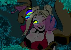  blush cheek_squish cleavage coils colorrings cuddling dc_comics disney double_penis drool eyeshadow forked_tongue harley_quinn jungle kaa kaa_eyes lipstick night one_eye_open open_mouth pale_skin smile snake snake_penis tail tank_top the_jungle_book twintails 