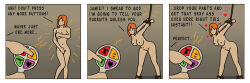  arms_above_head arms_behind_back bondage bottomless breasts comic covering female_only femsub leaning_forward maledom nude original panties pubic_hair pussy red_hair remote_control rope shecantbreathe short_hair spreader_bar tech_control text topless underwear western 