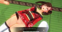 3d bottomless brown_hair dialogue female_only femsub japanese_clothing kamen_writer_mc kimono mc_trap_town pussy rina_(mc_trap_town) screenshot solo text thighhighs translated twintails whitewash_eyes