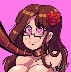  animated animated_eyes_only bare_shoulders brown_hair collarbone earrings eyebrows_visible_through_hair flower glasses happy_trance heart_eyes large_breasts leash long_hair nude psyfly signature simple_background smile tagme video 
