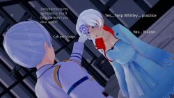 blue_eyes brother_and_sister dress empty_eyes femsub gloves koikatsu! magic magic_circle maledom perfect_idiot rwby short_hair text weiss_schnee white_hair whitley_schnee