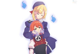 blonde_hair bow_tie character_request closed_eyes clothed dress_shirt empty_eyes eyebrows_visible_through_hair femdom femsub ghost ghost_girl glowing gojulas green_eyes hand_on_another&#039;s_cheek hat heavy_eyelids hypnovember i&#039;ve_been_killing_slimes_for_300_years_and_maxed_out_my_level laika open_mouth orange_hair simple_background skirt smile suit white_background