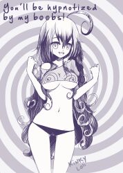ahoge breasts cameltoe curly_hair femdom greyscale hypno-tan hypnotic_breasts kinkyloli large_breasts looking_at_viewer midriff monochrome navel open_mouth original panties pov pov_sub sketch smile spiral text underwear very_long_hair