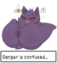  angry anus black_eyes blush confused drool femsub furry gengar hewa legs_beside_head legs_up lying nintendo nude on_back pendulum pokemon pokemon_(creature) pokephilia purple_skin pussy red_sclera short_hair simple_background sweat white_background 