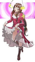  bare_legs blush brown_hair clothed dildo dress dress_lift erica_fontaine female_only femsub legs long_hair majinsfw open_mouth pendulum pussy pussy_juice sakura_wars skirt_lift solo spiral_eyes tongue_out vibrator 