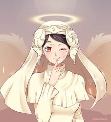  alternate_form angel angel_girl black_clover black_hair clothed corruption female_only femsub finger_to_mouth halo headdress horns lily_aquaria liraalthena mole monster_girl nun one_eye_open purification red_eyes smile solo spoilers tongue wings 