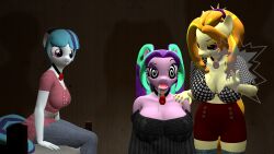 3d absurdres adagio_dazzle aria_blaze breasts drool equestria_girls female_only femdom femsub kombatchampion large_breasts long_hair multicolored_hair my_little_pony open_mouth ponytail sonata_dusk spiral_eyes symbol_in_eyes twintails western