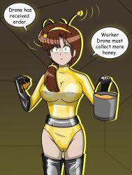 antenna bangs bee_girl belt boots brown_hair cameltoe clothed drone dronification english_text erect_nipples_under_clothes female_only femsub forced_employee gloves hy2300 kasumi_tendo lipstick ponytail ranma_1/2 shrunken_irises speech_bubble standing text thigh_boots yellow_eyes