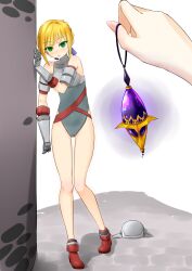  artist_request bare_legs bare_shoulders blonde_hair cosplay crystal empty_eyes expressionless fate/stay_night fate_(series) female_only femsub final_fantasy final_fantasy_ix green_eyes helmet hypnotic_accessory leotard looking_at_viewer pendulum pov pov_dom saber thighs vahn_yourdoom white_background 