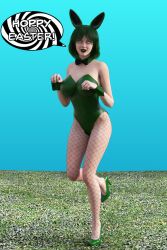  3d bunny_ears bunny_girl bunnysuit cuffs dialogue easter female_only femsub fishnets happy_trance high_heels kathy_(theheckle) original solo spiral_eyes symbol_in_eyes text theheckle 