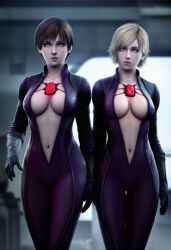    ai_art amadeus_(generator) bangs blonde_hair blue_eyes bodysuit breasts brown_hair capcom cleavage cosplay empty_eyes expressionless female_only femsub gloves jill_valentine microchip multiple_girls multiple_subs navel p30 rebecca_chambers resident_evil resident_evil_5 sherry_birkin short_hair standing tech_control thigh_gap tight_clothing zipper 