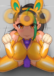  absurdres artist_request bare_shoulders black_hair blush breasts cleavage dark_skin dog_pose empty_eyes erect_nipples erect_nipples_under_clothes fake_animal_ears female_only femsub gloves green_hair hair_band happy_trance kneeling large_breasts multicolored_hair nemona_(pokemon) nintendo nipples opera_gloves orange_eyes pawmot pendulum pet_play pokemon pokemon_scarlet_and_violet ponytail pov pov_dom simple_background smile spread_legs tan_skin tie toki01109 tongue tongue_out 