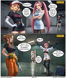 ai_art black_hair blonde_hair dark_skin devianbar dialogue domino_(pokemon) large_breasts long_hair lovrina_(pokemon) mollie_(pokemon) nintendo orla_(pokemon) pink_hair pokemon short_hair team_rocket team_rocket_grunt text twintails zinnia