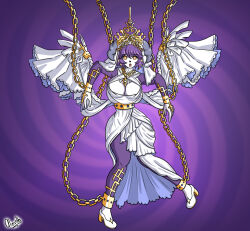  alerith ayuko_(jcroth) breasts brown_eyes chains cosplay crown drool furry goat_girl goddess hololive hololive_english horns indeedee kronii_ouro nintendo open_mouth original pokemon pokemon_(creature) puppet purple_hair robe short_hair symbol_in_eyes wings 