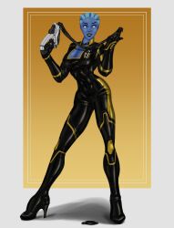 absurdres alien alien_girl alternate_costume asari blue_skin bodysuit boots breasts cleavage collar corruption evil_smile female_only femsub freckles gloves high_heels large_breasts latex liara_t&#039;soni mass_effect rotem_dishon slime smile solo tech_control thigh_boots whitewash_eyes
