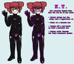 aware bodysuit bulge character_profile collarbone consensual drill_hair drone eyebrows_visible_through_hair female_only femsub glowing green_background happy_trance latex long_hair looking_at_viewer null_bulge original red_eyes red_hair self_hypnosis simple_background smile solo spiral tech_control teto_kasane text thigh_heels tight_clothing trance_delightful visor vocaloid