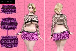 3d ass_expansion bimbofication blonde_hair brain_drain breast_expansion comic corruption grakio gwen_stacy large_breasts marvel_comics spider-gwen text transformation unaware