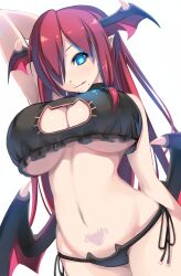  blue_eyes breasts cleavage demon_girl female_only femdom large_breasts long_hair looking_at_viewer monster_girl red_hair shiki shiki_(psychedelic_g2) simple_background succubus underboob underwear wings 