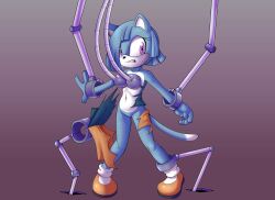  blue_hair breast_expansion cat_girl clothed_exposure female_only femsub fourssss furry mechanical_arm original purple_eyes restrained solo sonic_the_hedgehog_(series) torn_clothes 