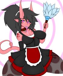 absurdres black_hair breasts demon_girl drool elf_ears feather_duster female_only horns long_tongue maid mixx54 monster_girl pink_eyes pink_skin spiral succubus tail thighhighs tongue tongue_out