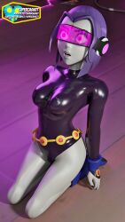 3d bare_legs blender boots clothed dc_comics expressionless female_only femsub grey_skin kneeling leotard open_mouth pink_eyes purple_hair raven short_hair signature solo spiral super_hero supercasket tagme tech_control teen_titans visor