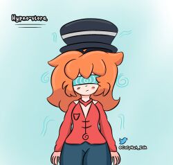  among_us aware blush clothed cofynut expressionless female_only femsub frantheflan hat hypno-stora jeans orange_hair original pants red_dress shirt signature simple_background solo spiral standing standing_at_attention tagme tech_control text visor 