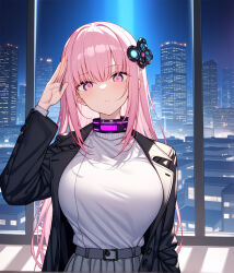  ai_art belt belted_skirt collar empty_eyes expressionless female_only femsub hair_ornament jacket large_breasts long_hair pink_eyes pink_hair saluting shiruku_nuru_(generator) skirt solo standing standing_at_attention tech_control very_long_hair 