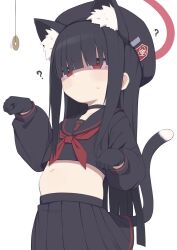  black_hair blue_archive cat_ears cat_girl cat_pose cat_tail confused female_only femsub gamuo gloves halo hat justice_task_force_member_(blue_archive) loli midriff pendulum red_eyes school_uniform simple_background skirt solo straight-cut_bangs sweat tail 