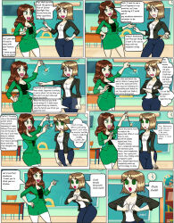 carlosfco chicken_dance chicken_pose classroom pocket_watch skirt spiral_eyes 
