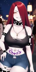  ai_art alternate_costume breasts cleavage corruption erza_scarlet evil_smile fairy_tail happy_trance large_breasts nail_polish night outdoors pale_skin punk red_hair rock_of_succubus smile tattoo white_skin 