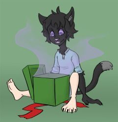 barefoot black_hair cat_boy christmas fangs furry happy_trance hypnotic_gas male_only malesub mr.h original purple_eyes ring_eyes smile tail tail_growth transformation