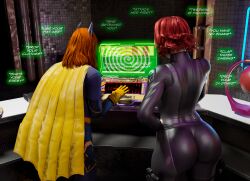  ass barbara_gordon batgirl belt black_widow boots cape catsuit cleavage computer dc_comics female_only femsub hypnotic_screen marvel_comics mask multiple_girls multiple_subs orange_hair posing red_hair short_hair subliminal supercasket text tight_clothing undressing_command 