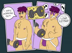  before_and_after bulge exercise flexing green_eyes harvzilla hypnotic_accessory jockification male_only malesub original purple_hair ring_eyes smile solo text topless weightlifting western 