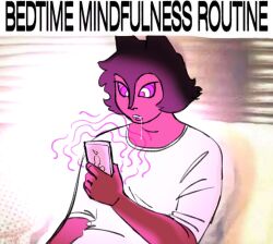  bed female_only femsub hypnotic_screen meme morgan_(strawbunnyhypno) original phone shirt sitting solo strawbunnyhypno tagme text 