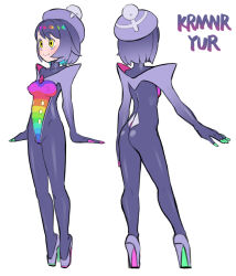 ass blue_hair blush bodysuit eyeshadow female_only femsub gloria_(pokemon) gloves happy_trance hat kitassie leotard malamar_outfit multicolored_hair multiple_views nintendo pokemon pokemon_sword_and_shield purple_hair short_hair smile standing_at_attention swimsuit text yellow_eyes 