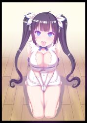  absurdres black_hair blue_eyes breasts cleavage empty_eyes femsub goddess heart heart_eyes hestia is_it_wrong_to_try_to_pick_up_girls_in_a_dungeon? large_breasts symbol_in_eyes tongue 