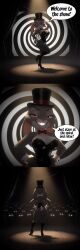  ai_art femdom furry high_heels judy_hopps leather magician mass_hypnosis spiral spiral_eyes stage stage_hypnosis text top_hat zootopia 