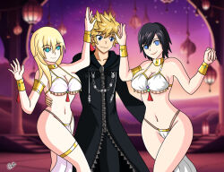 alerith black_hair blonde_hair femsub happy_trance harem harem_outfit kingdom_hearts large_breasts lipstick maledom multiple_girls multiple_subs namine roxas spiral_eyes xion_(kingdom_hearts)