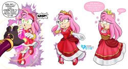  amy_rose azure-lionheart bondage crown dialogue dress femsub gloves green_eyes happy_trance hedgehog_girl high_heels idw_comics maledom platypus_boy princess princessification sequence smile sonic_the_hedgehog_(series) starline tech_control transformation white_background yellow_eyes 