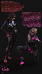 3d absurdres blonde_hair brown_hair collar female_only femsub happy_trance hypnotic_clothing hypnotized_hypnotist latex open_mouth original pony_play resisting tech_control text tongue tongue_out valerii visor