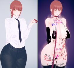  3d arms_behind_back bangs before_and_after bikini blush body_writing braid breast_expansion breasts breath chainsaw_man cleavage clothed_exposure collar collarbone condom earrings eyebrows_visible_through_hair female_only femsub gloves heart_eyes hentai_man huge_breasts koikatsu! large_breasts large_hips leash long_hair looking_at_viewer makima_(chainsaw_man) navel office_lady open_mouth opera_gloves ponytail red_hair shirt skirt sling_bikini smile straight-cut_bangs symbol_in_eyes thighhighs tie turning_the_tables used_condom yellow_eyes 