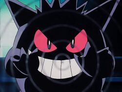  animals_only animated animated_gif evil_smile gengar looking_at_viewer nintendo pokemon pokemon_(anime) pokemon_(creature) pov pov_sub red_eyes simple_background smile solo spiral 