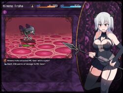  animated brown_hair cleavage demon_girl electricity femsub fingering gameplay_mechanics happy_trance heart leggings long_hair masturbation miniskirt pussy_juice short_skirt silver_hair sound spear spread_legs succubus tech_control twintails video video_game visor 